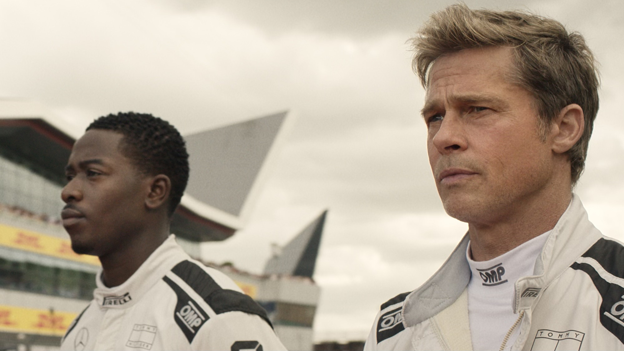 Damson Idris as Joshua Pierce and Brad Pitt as Sonny Hayes in F1: The Movie