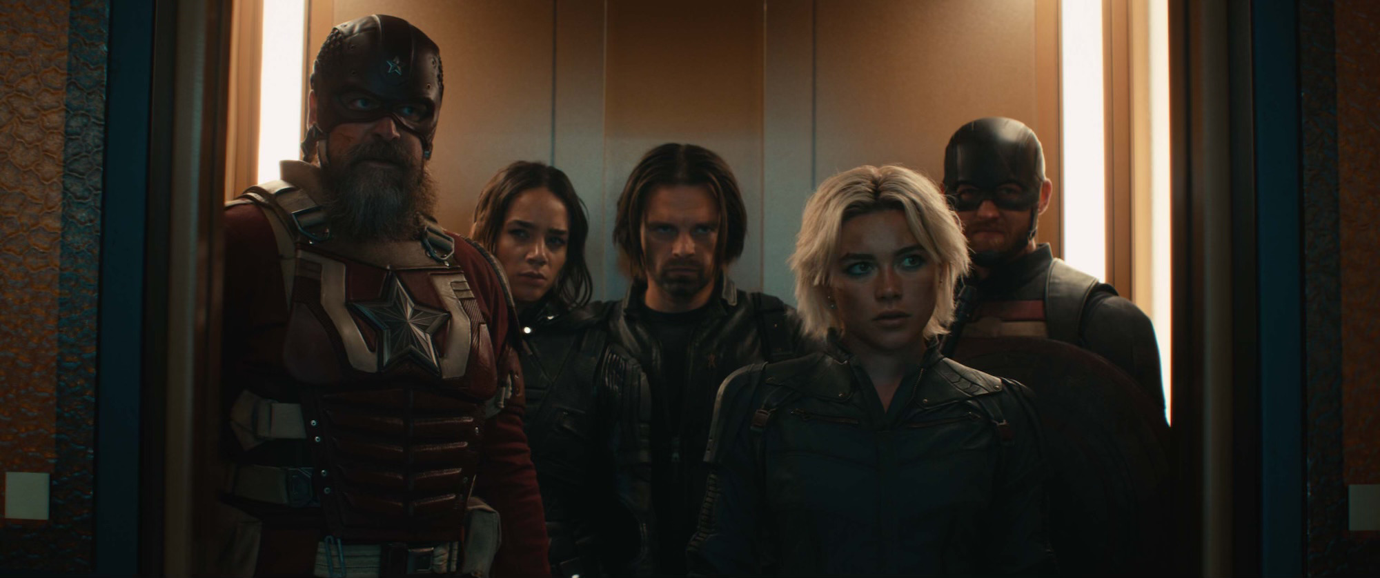 (L-R) David Harbour as Alexei Shostakov/Red Guardian, Hannah John-Kamen as Ava Starr/Ghost, Sebastian Stan as Bucky Barnes/Winter Soldier, Florence Pugh as Yelena Belova, and Wyatt Russell as John Walker/U.S. Agent in Thunderbolts*