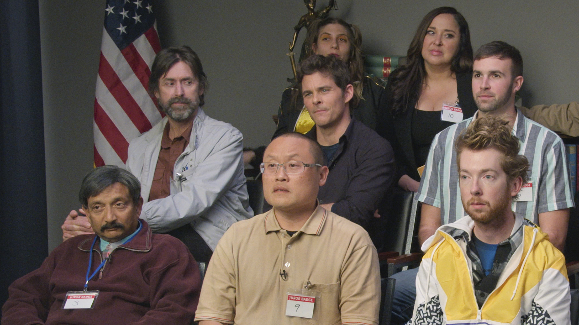 Ronald Gladden (center row, right) and a bunch of actors in Jury Duty