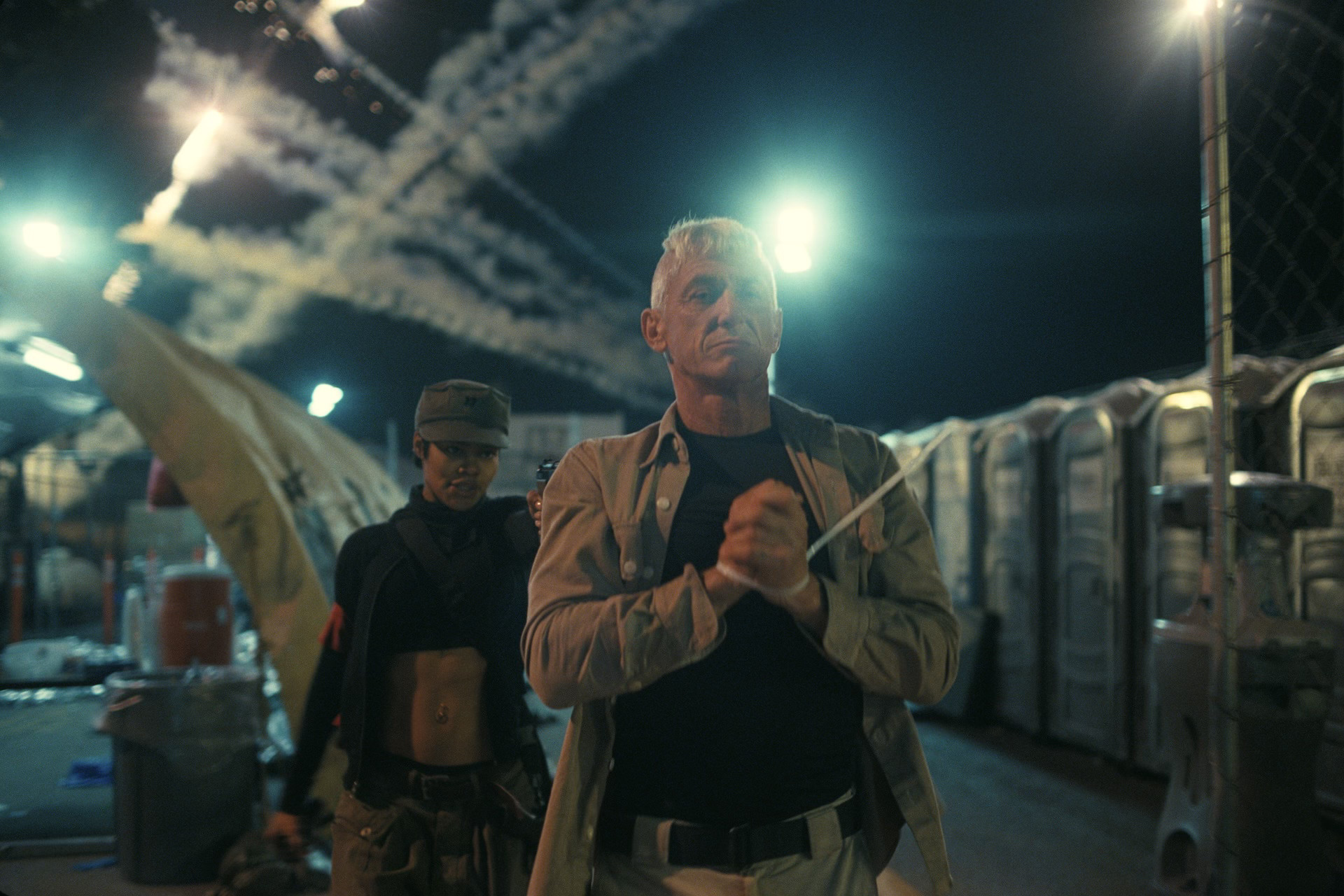 Teyana Taylor as Perfidia Beverly Hills and Sean Penn as Col. Steven J. Lockjaw in One Battle After Another