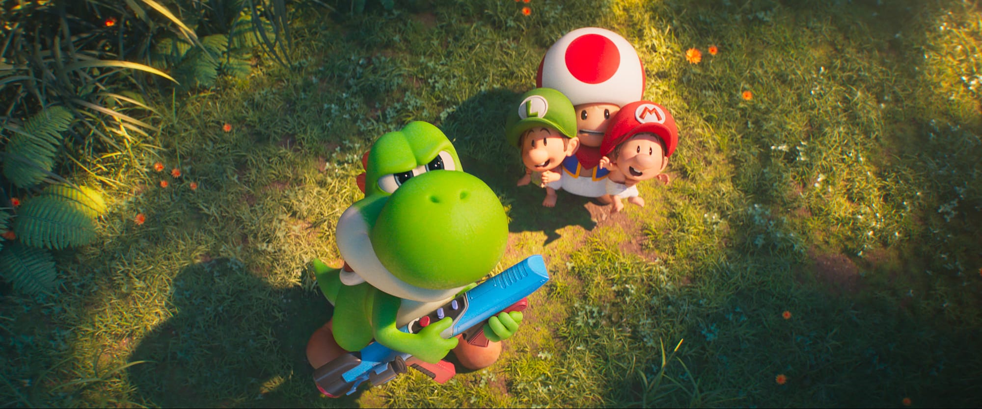 Yoshi (Donald Glover), Toad (Keegan-Michael Key), Baby Luigi, and Baby Mario in The Super Mario Galaxy Movie