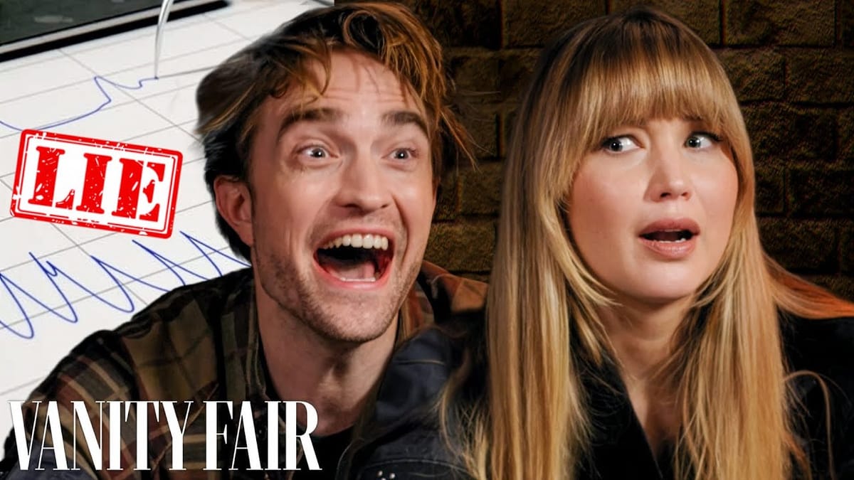 Vanity Fair's YouTube thumbnail for their Lie Detector video featuring Robert Pattinson and Jennifer Lawrence for Die My Love